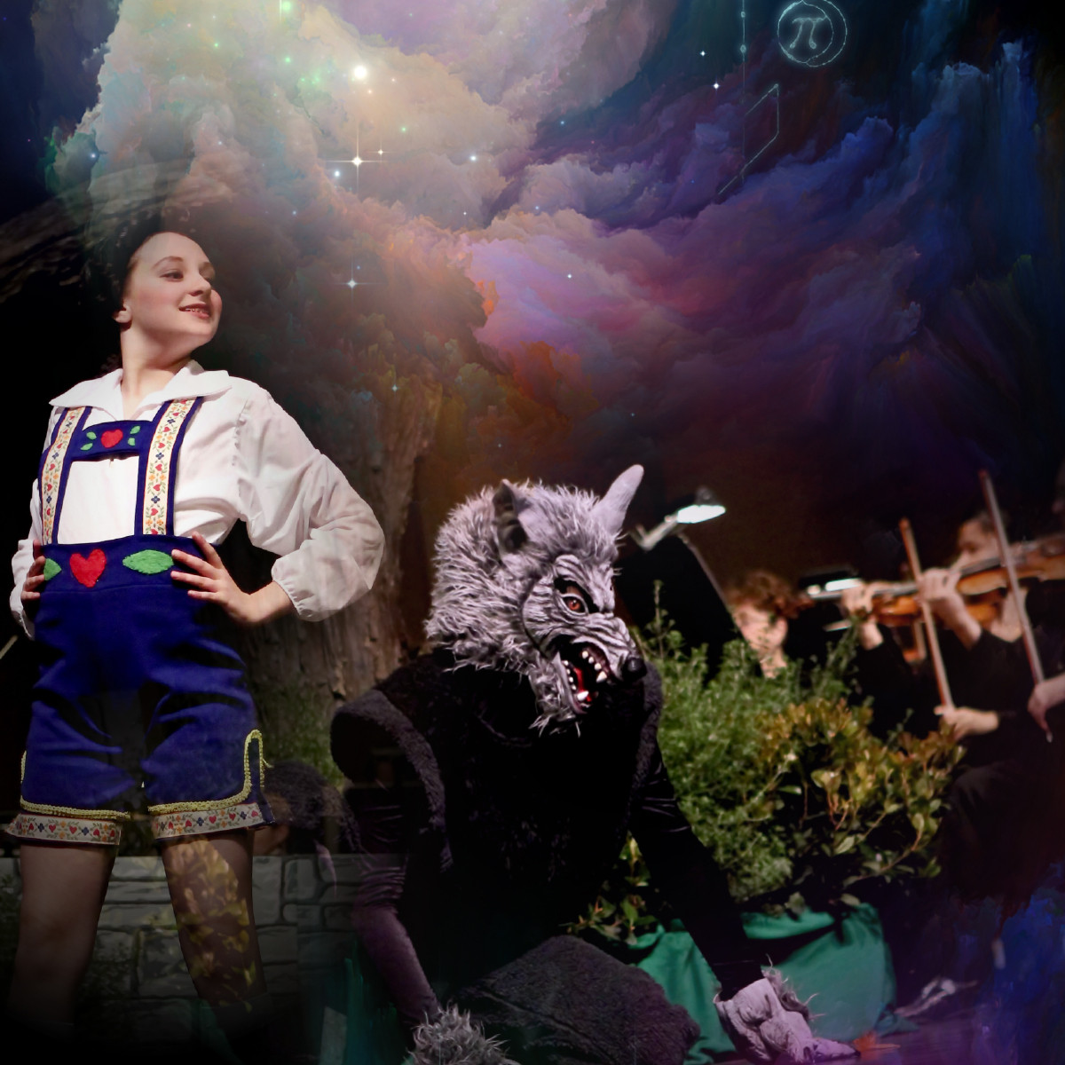 Scene from "Peter and the Wolf" with a performer and a wolf character.